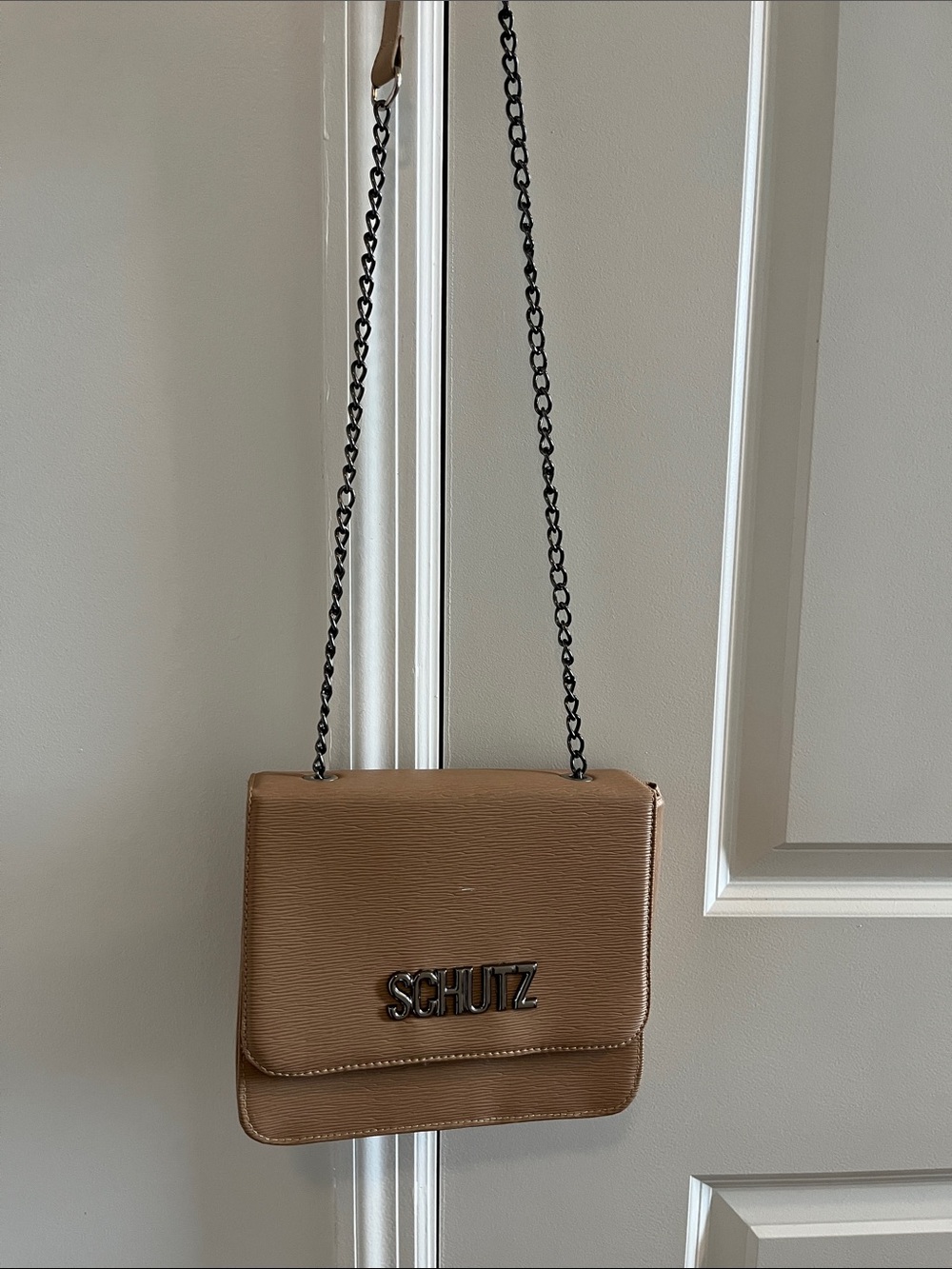 Schutz Tan Leather Crossbody Bag with Chain Strap